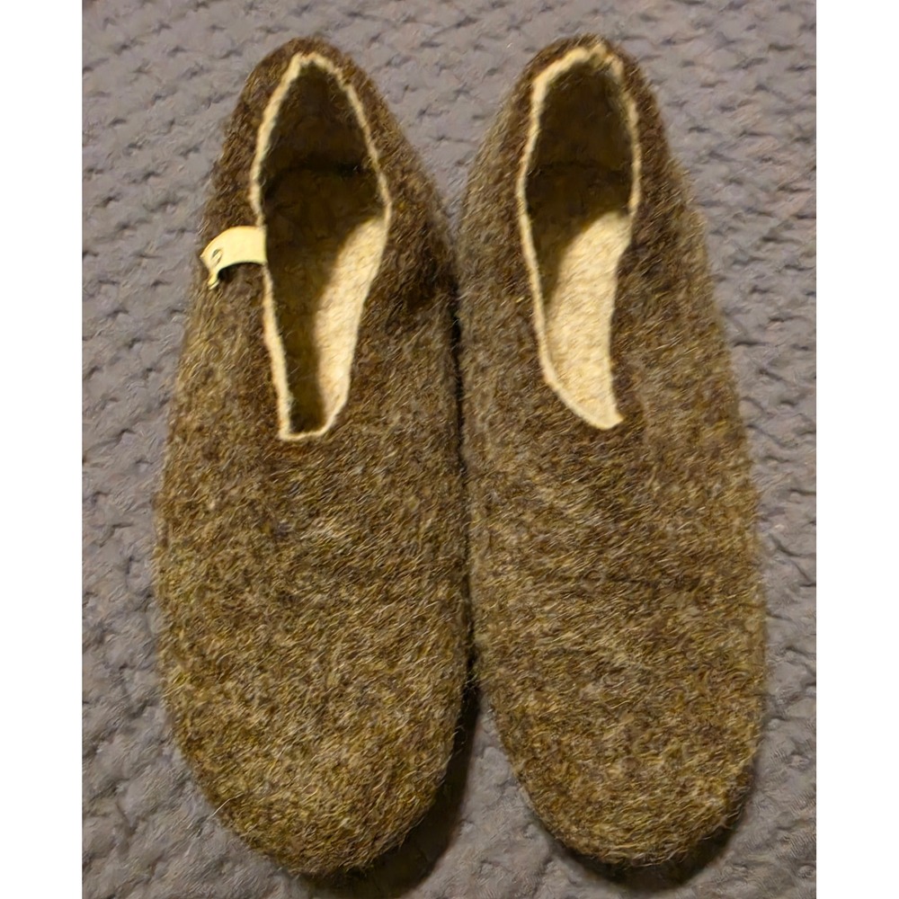 Egos Copenhagen Brown Taupe Gray Felted Wool Slippers Suede Sole 37EU 6.5-7 US